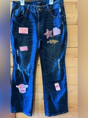 Dark Wash Women’s Jeans with Pink Patch Accents
